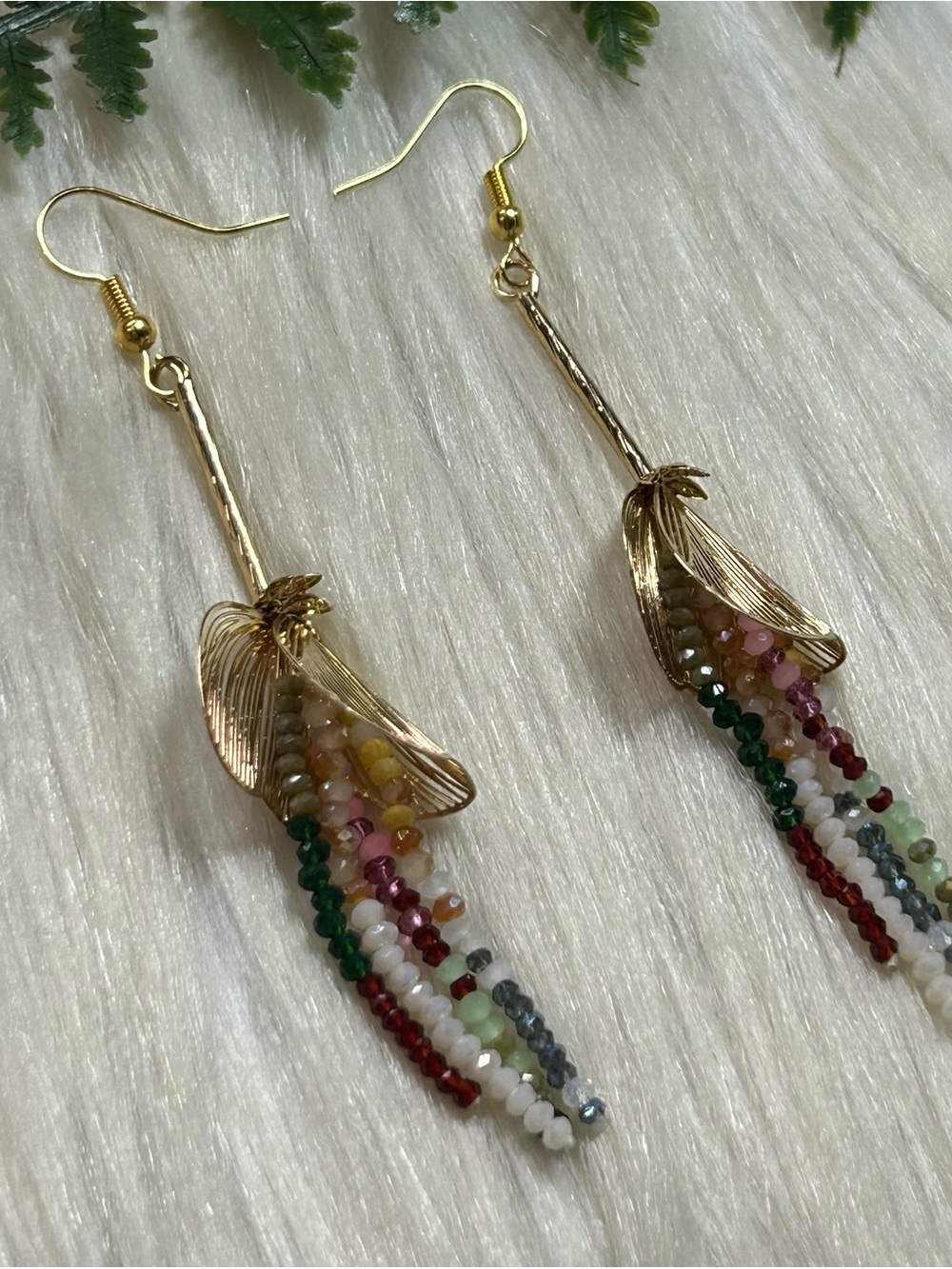 Leaf Multi Color Beaded Drop gold tone Earrings